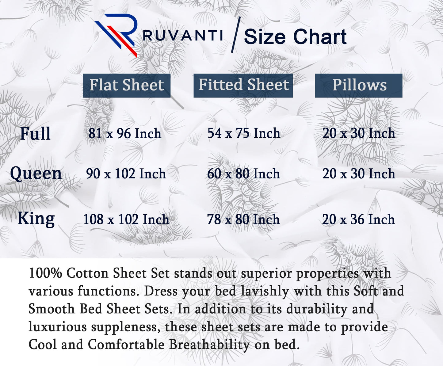 RUVANTI 100% Cotton King Size Sheets Set, 4 Pieces, Soft & Breathable Percale Weave Bedding, Deep Pocket 16", Hotel Standard, Crisp Cool Feel, Durable, Perfect Floral Bed Sheet, Dandelion
