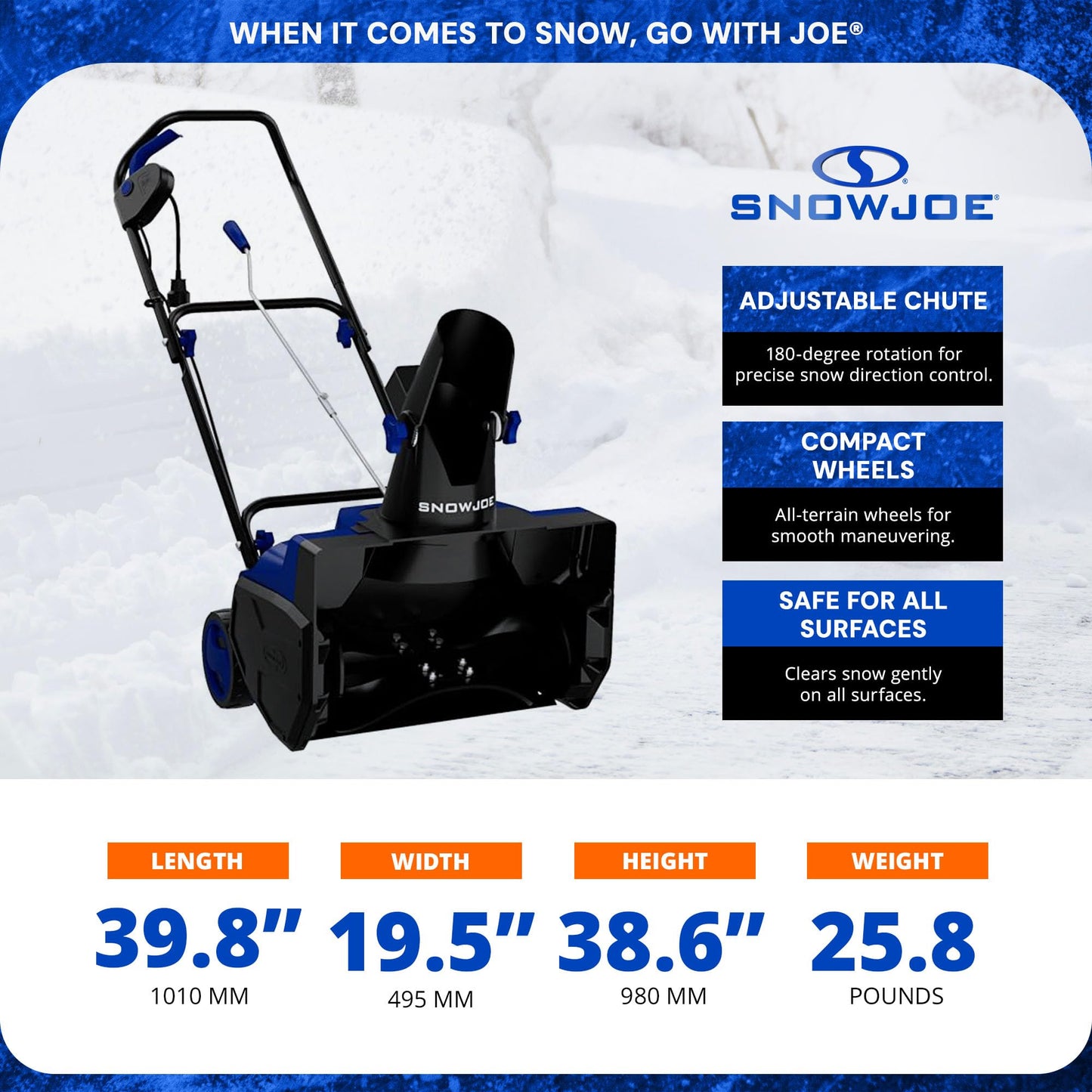 Snow Joe Electric Snow Blower, Push Snow Thrower for Driveway Snow Removal, Blue