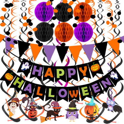 Happy Halloween Banner Paper Triangle Flag Bunting Circle Confetti Dots Hanging Garland Honeycomb Ball Swirl Streamers for Halloween Party Decorations