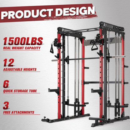 RitFit M1 Smith Machine with Cable Crossover System, Multi-Function Squat Rack Power Cage for Home Gym, Power Rack and Packages with Olympic Barbell Weight Set, Weight Bench, Olympic Bar and More