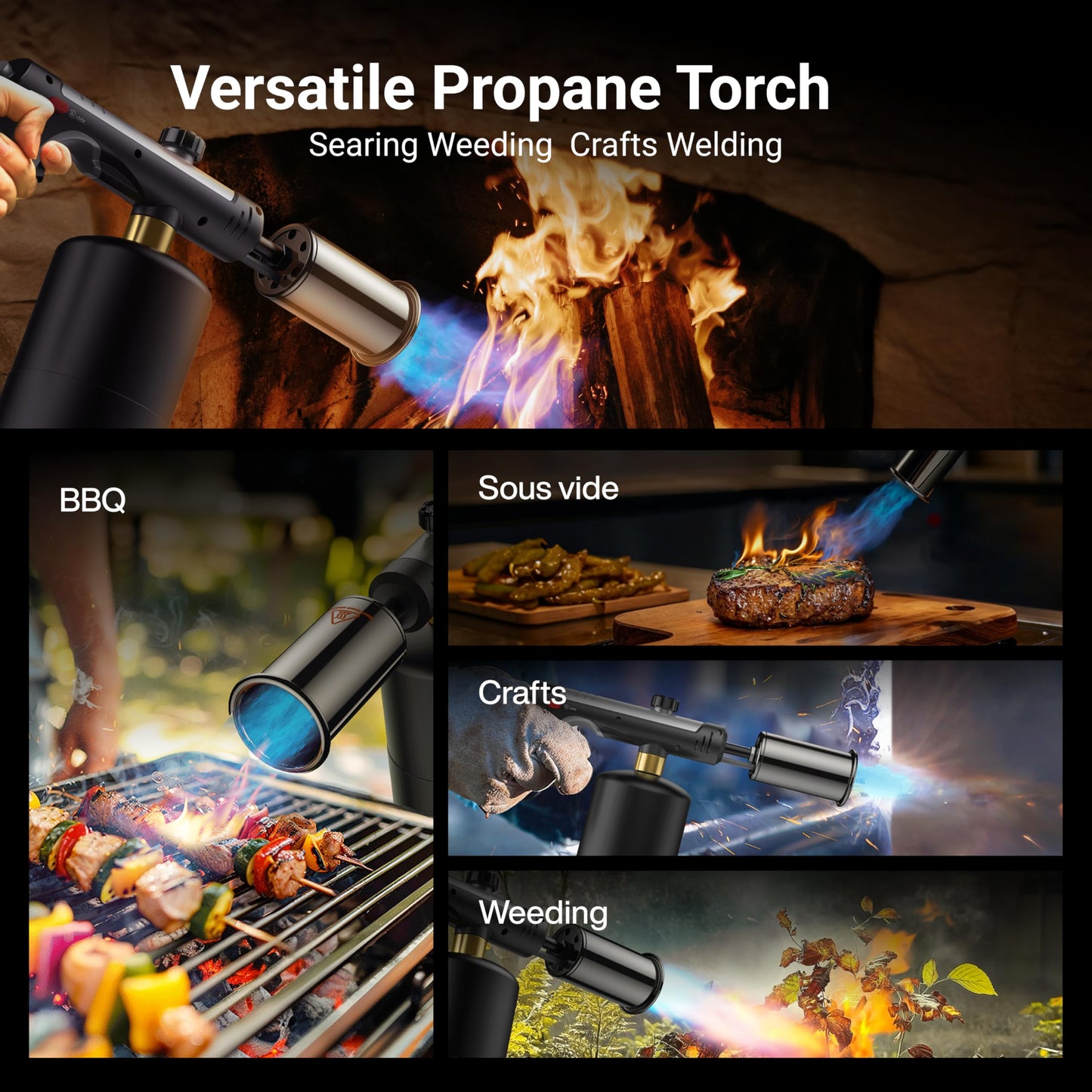 ThermoMaven Propane Torch with One-Touch Max Fire, Cooking Blow Torch Gun with a Safety Lock, Charcoal Lighter, Flame Thrower, Kitchen Food Torch Head for Grill, Sous Vide, BBQ (Tank Not Included)