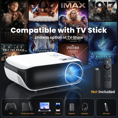 HAPPRUN Projector, Native 1080P Bluetooth Projector, Portable Outdoor Movie Projector, Full HD Mini Projector with Speaker for Home Bedroom, Compatible with Smartphone,HDMI,USB,AV,Fire Stick,PS5