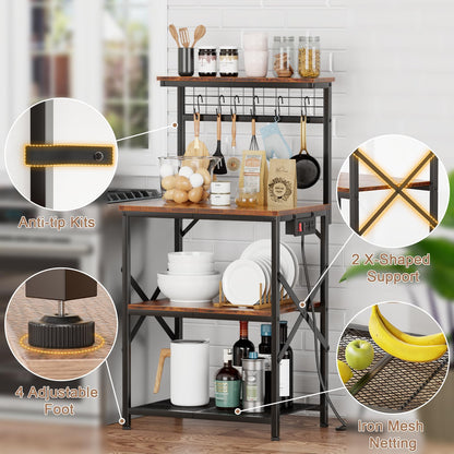 Furologee Kitchen Bakers Rack with Power Outlet, Microwave Oven Stand with Storage 4 Tiers, Coffee Bar Table with 6 S Hooks, Kitchen Storage Shelf Rack for Spices, Pots, Rustic Brown