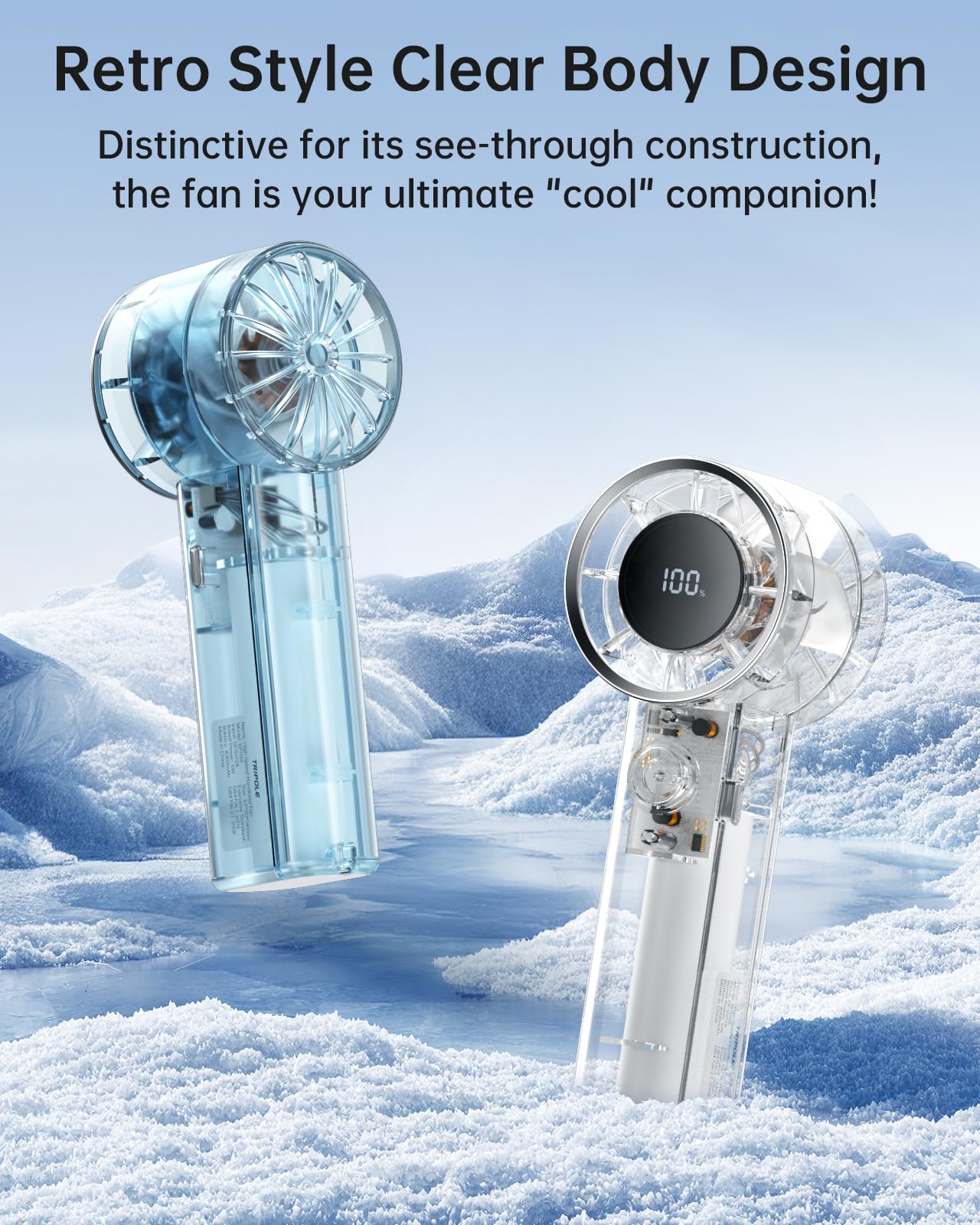 TriPole Transparent Portable Handheld Fan, High Speed 1-100 Adjustable Turbo Mini Fan, 4000mAh Battery USB Rechargeable with Digital Display, Max 20H Cooling Time Outdoor Travel Beach Essentials, Blue