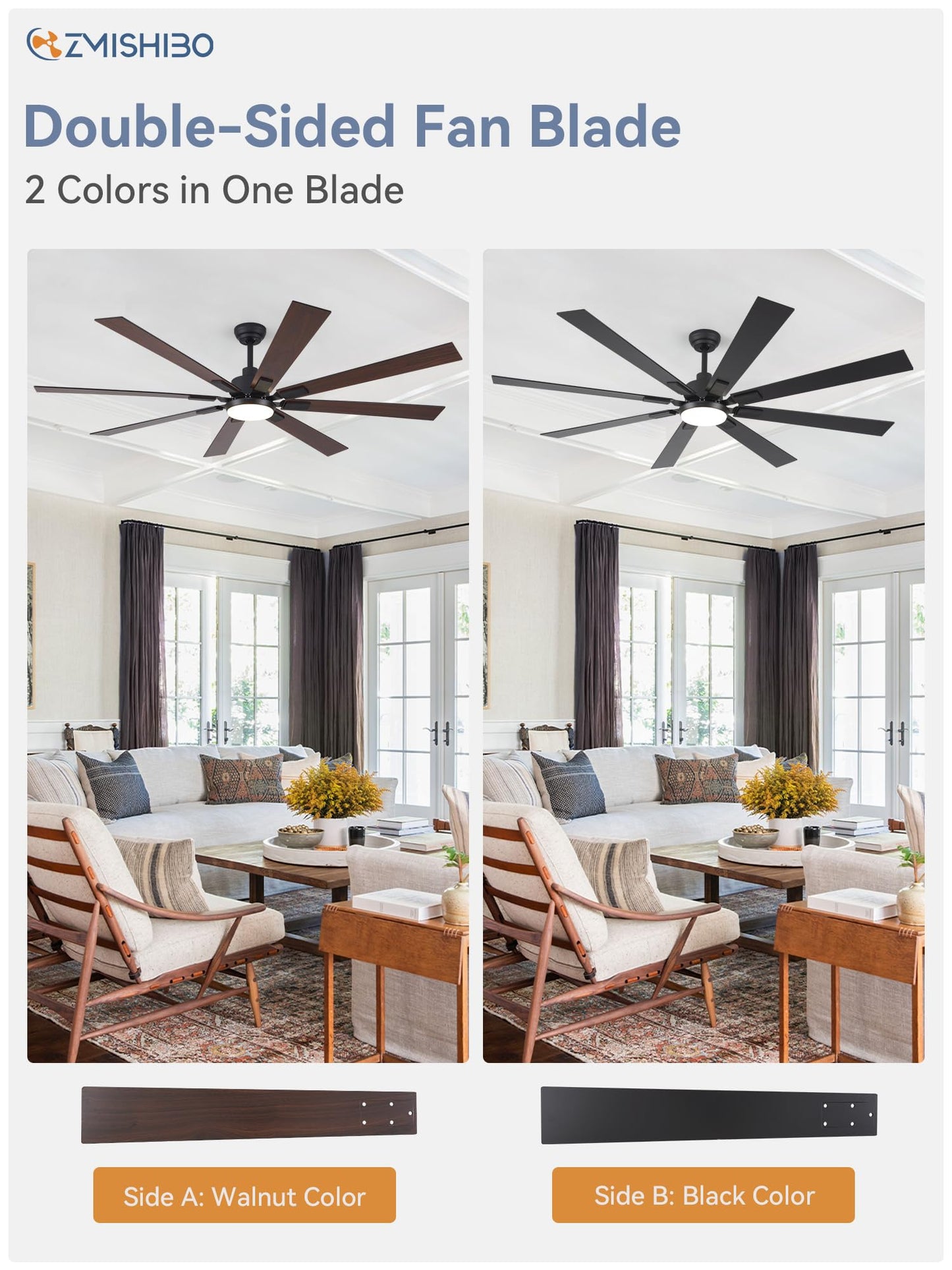 ZMISHIBO 72 inch Large Ceiling Fans with Lights and Remote, Indoor/Outdoor Black Modern Ceiling Fan for Kitchen Living Room Patio, 6 Speed Reversible Quiet DC Motor, 3 CCT, Dual Finish 8 Blades