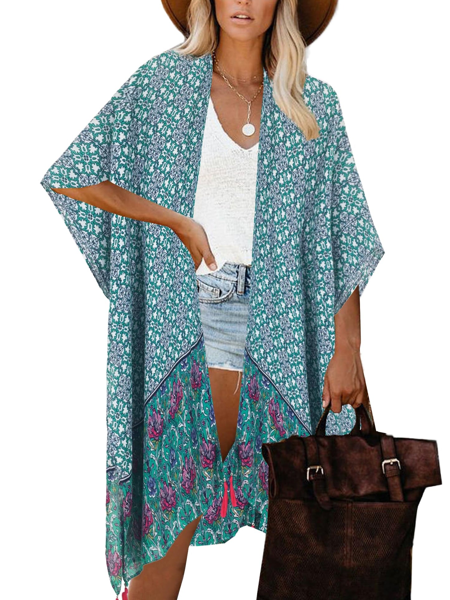 Moss Rose Women's Beach Cover up Swimsuit Kimono with Bohemian Floral Print, Loose Casual Resort Wear