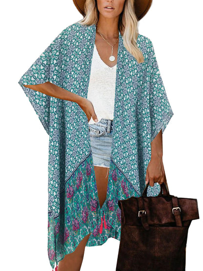 Moss Rose Women's Beach Cover up Swimsuit Kimono with Bohemian Floral Print, Loose Casual Resort Wear