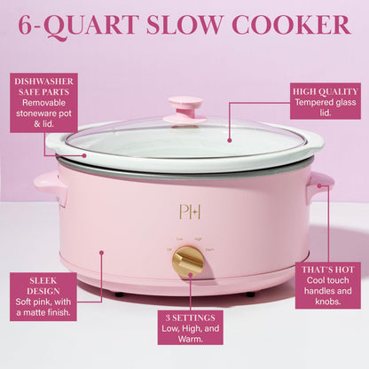 Paris Hilton 6-Quart Manual Slow Cooker, Features Three Settings (Low, High, Warm), Naturally Nonstick and Dishwasher Safe Stoneware Insert, Family Sized Capacity, Pink