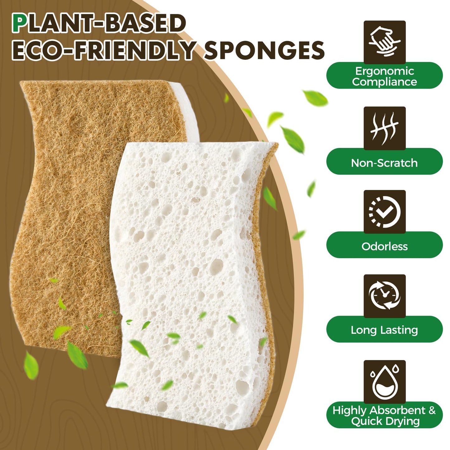 COBETE 12 Pack Natural Biodegradable Kitchen Non Scratch Sponges,Compostable Plant Based Coconut Cellulose Sponge,Eco Friendly Reusable Dish Scrubber Sponge for Pots, Pans & Household Cleaning