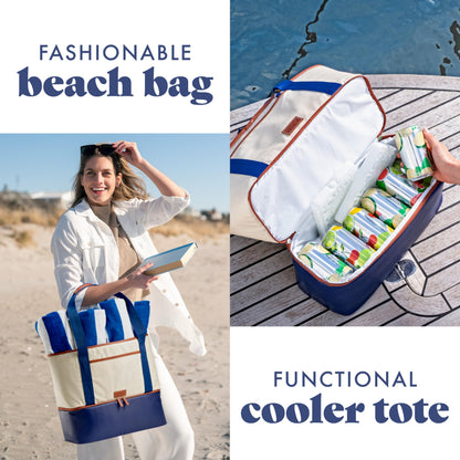 Fit & Fresh Narragansett 2-in-1 Tote with Cooler Compartment, Removable Accessory Pouch, Insulated Beach Bag, Leakproof, Water Resistant, Pool Essential, Holds 16 Cans, Navy