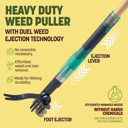 Papa's Tools Weed Puller Tool, 44" Stand Up Weeder Garden Tools & 4 Claw Steel Head, Dual Weed Eject Tech. Made With Real Bamboo & Long Wooden Handle, Yard Weeding Remover For Gardening Men & Women