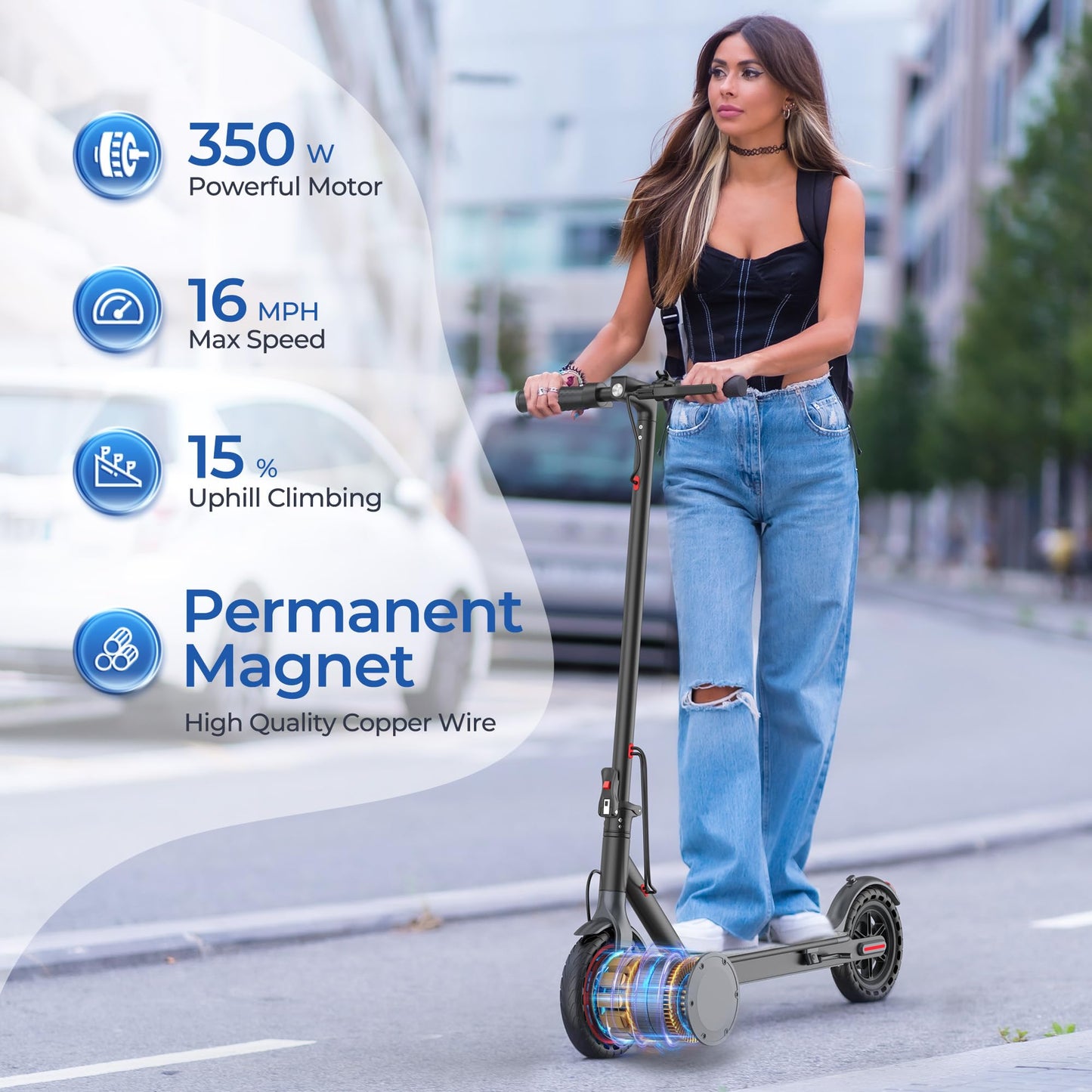 Maxshot Electric Scooter, 8.5" /10" /14" Tire, 16/19/22 Mph Top Speed, 12/16/21/27/28/49/50 Miles Long Range, Folding Escooter for Adults and Kids with Seat Bag, Dual Braking, Dual Suspension, App