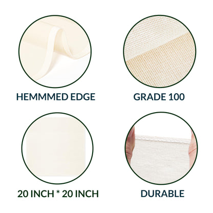 6-Pack Cheesecloth, 20x20 Inch Organic Hemmed Cheese Cloth for Straining, Reusable Unbleached Cotton Strainer for Cooking, Baking, Juicing, and Cheese Making (Grade 100)