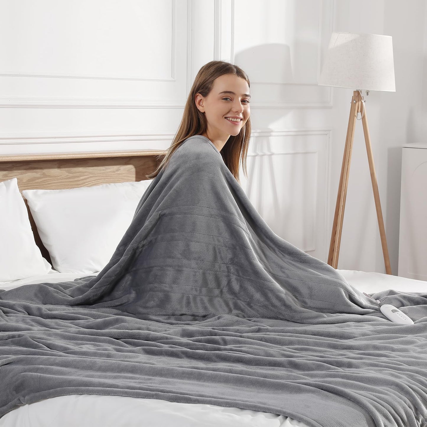 Heated Blanket Queen Size Electric Blanket 84''X90'' - Soft Plush Premium Flannel with Dual Controllers, 5 Heating Level & 10 Hour Auto Off, ETL & FCC Certified, Warm Gifts for Grandma, Grey