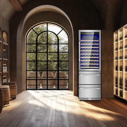 Velieta 24 Inch Wine and Beverage Refrigerator, 2 IN 1 Dual Zone Drawer Beverage Fridge Wine Cooler, Built-in or Freestanding Beverage Cooler with Powerful Compressor, Holds 108 Bottles and 150 Cans