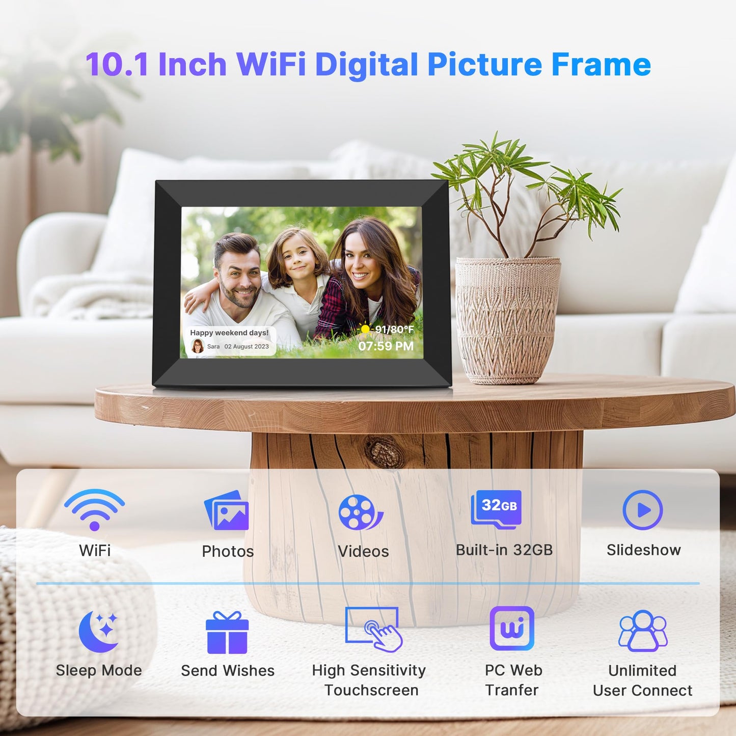 Uhale Digital Picture Frame 32GB Storage 10.1 Inch WiFi Electronic Photo Frames SD Card Slot IPS Touch Screen HD Display Auto Rotate Slideshow Share Videos Photos Instantly Send Wishes Remotely