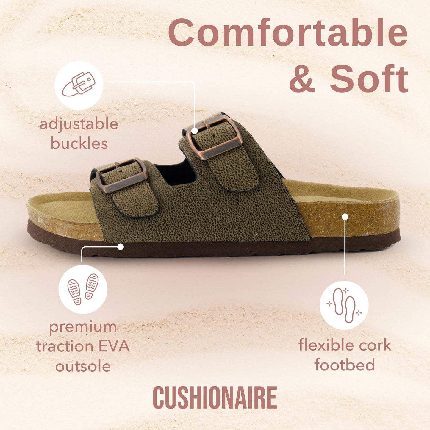 CUSHIONAIRE Lane Cork Footbed Sandals for Women – Comfortable Double Buckle Slip-On with Genuine Suede Footbed & Arch Support Slides for Women Footwear, BROWN 7