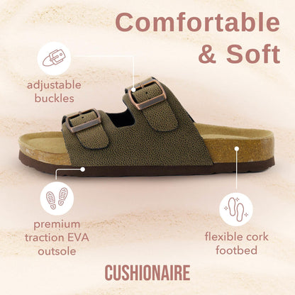 CUSHIONAIRE Lane Cork Footbed Sandals for Women – Comfortable Double Buckle Slip-On with Genuine Suede Footbed & Arch Support Slides for Women Footwear, BROWN 7