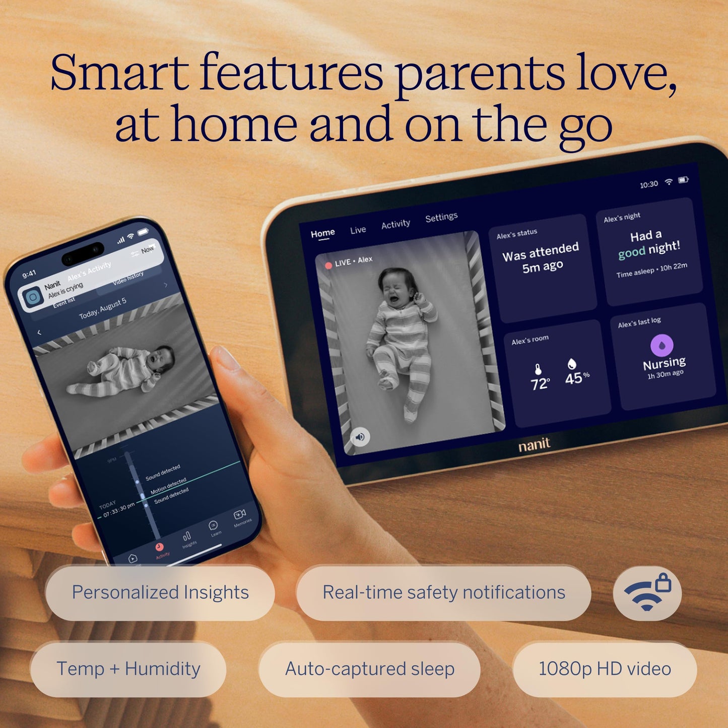 Nanit Smart Baby Monitor System with Floor Stand - Crystal-Clear Video, Real-Time Notifications, Sleep Insights - 8-inch Display/App Integration - Baby Must Haves for Parents