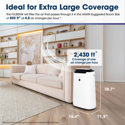 SHARP Smart Air Purifier for XL Rooms – Covers up to 2,430 sqft in one hour, Compatible w/Alexa, True HEPA Filter Air Purifier for Living Room, Dust, Smoke, Pollen - FXJ80UW