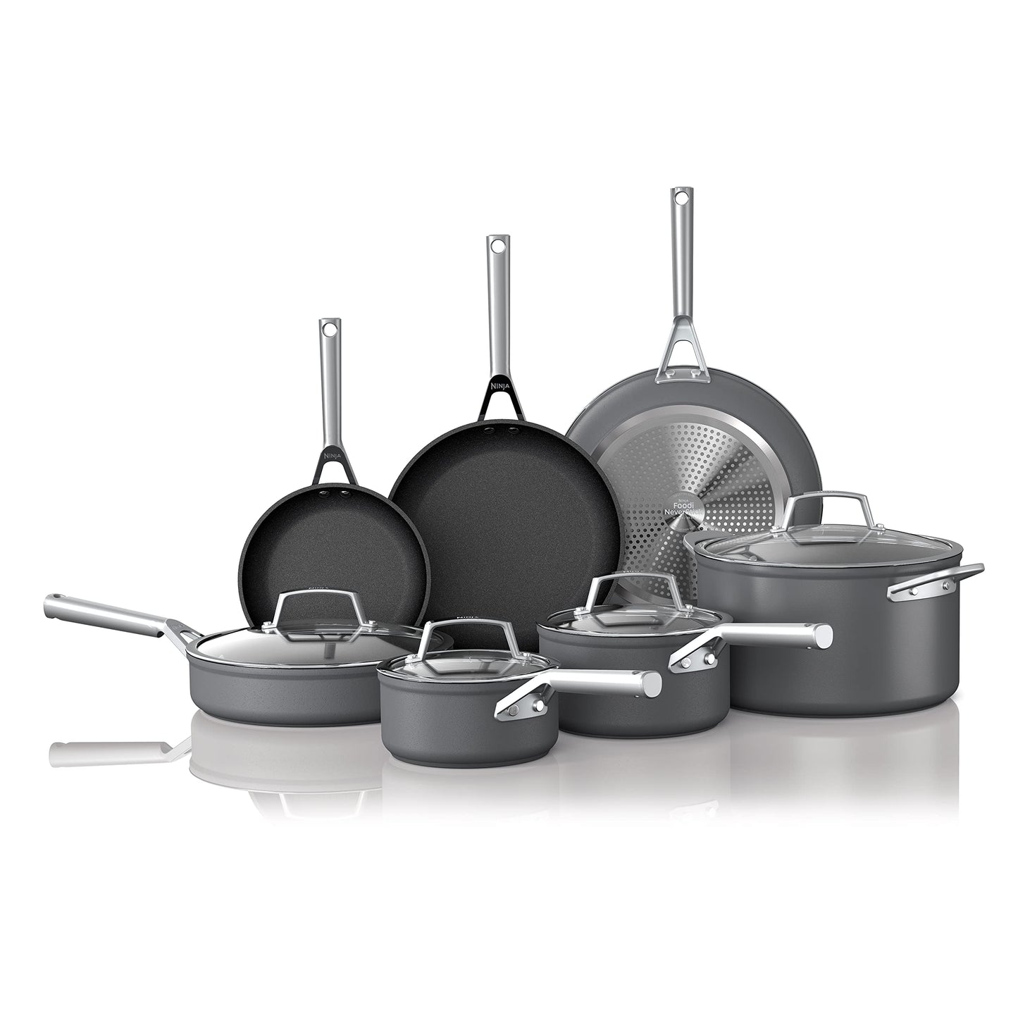 Ninja, Cookware, 12-Piece Cookware Set, Fry Pan, Sauce Pan, Sauté Pan, Glass Lid, Stock Pot, Foodi NeverStick Premium, Hard-Anodized, Nonstick, Oven Safe, Durable Pans, Slate Grey, C39800