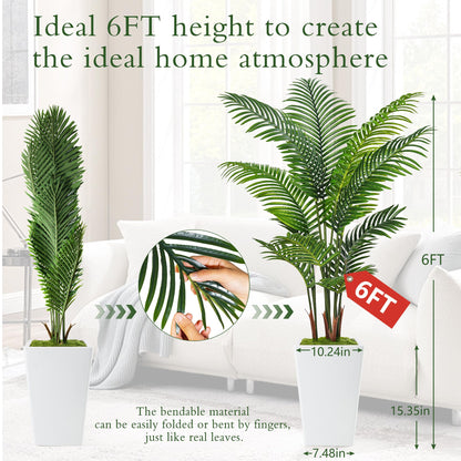 6FT Artificial Palm Tree, Tall Faux Palm Tree Indoor with Fake Plants Tall, Artificial Plants with Lifelike Leaves for Home Office Decor (White)