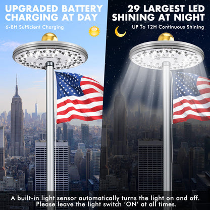 PPQ Flag Pole Light Solar Powered, 29 LED Extra Bright Silver Flagpole Light for 15-30 Ft Poles, Waterproof Lighting on Outdoor Pole Top, Long Hour Dusk to Dawn Auto On/Off