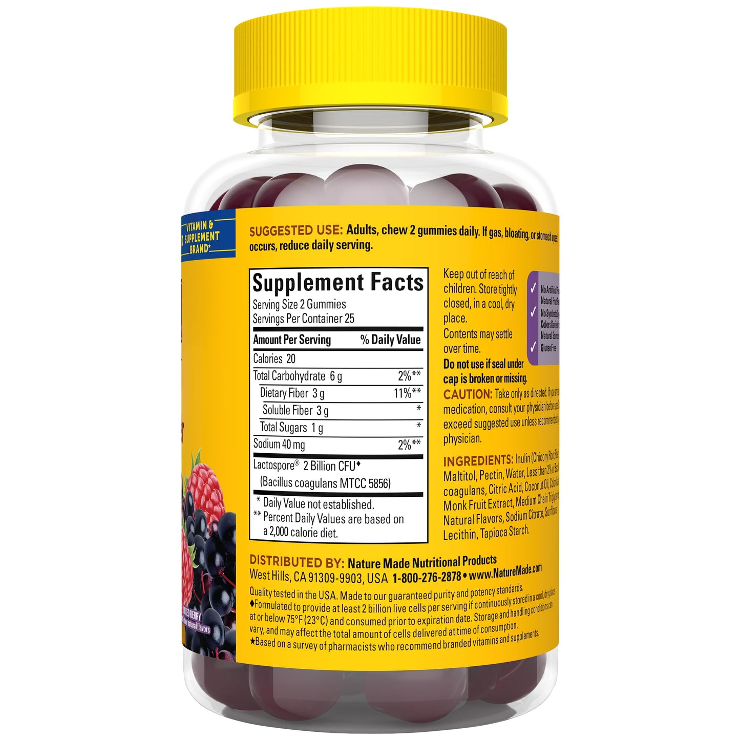 Nature Made Probiotic + Prebiotic Fiber Gummies, Gut Health, Fiber Supplement and Probiotics for Digestive Health, 50 Gummies, 25 Day Supply