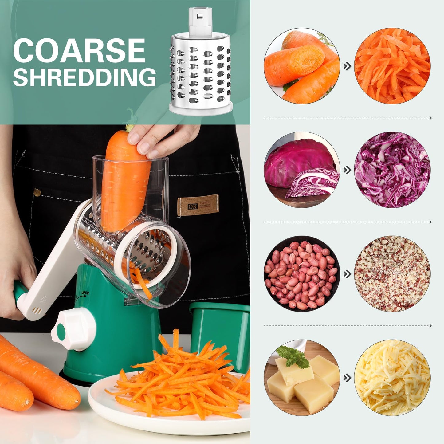 Cambom Rotary Cheese Grater Hand Crank Cheese Shredder for Fresh Cheese, Vegetable, Nuts,Non-slip Suction Base, Free Cleaning Brush Three Blades, Deep Green