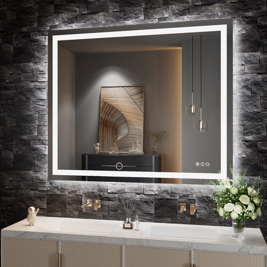 Amorho LED Bathroom Mirror 48''x 40'' with Front and Backlit, Stepless Dimmable Wall Mirrors with Anti-Fog, Shatter-Proof, Memory, 3 Colors, Double LED Vanity Mirror, ETL Listed