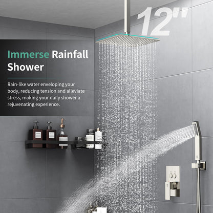 SR SUN RISE Ceiling Mounted Shower System with Push Button Diverter, Luxury 12 Inch Rain Shower Head with Handheld Spray, High Pressure Shower Faucet Combo Set with Rough-in Valve, Brushed Nickel