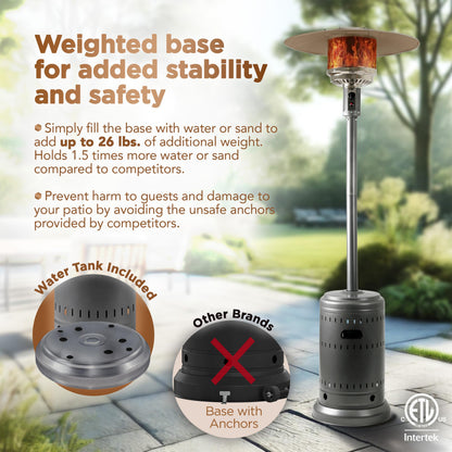 Amazon Basics 46,000 BTU Outdoor Propane Patio Heater with Wheels, Commercial & Residential, Slate Gray, with Water Tank, 32.1 x 32.1 x 91.3 inches (LxWxH)
