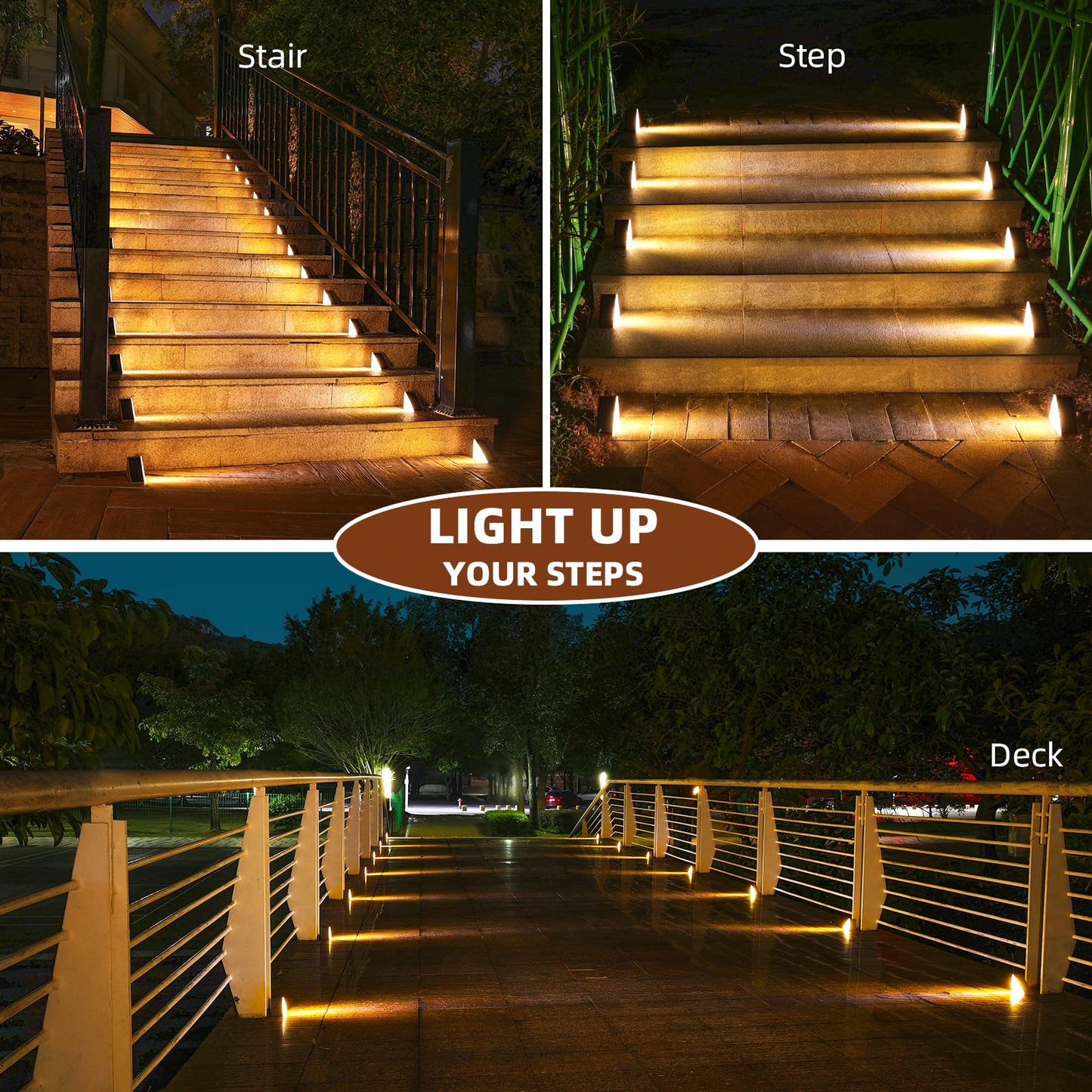 NIORSUN Solar Deck Step Lights,8 Pack Warm White Solar Step Lights for Outside Waterproof Auto On Off,Solar Lights for Steps,Stair,Patio,Yard,Porch,Front Door,Sidewalk,Deck Decor（Brown）