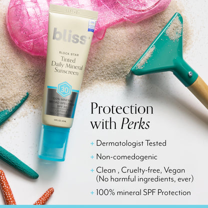 Bliss Block Star SPF 30 Daily Tinted Sunscreen with Zinc Oxide, Sunscreen & Makeup Primer- All Skin Tones - 100% Mineral Broad Spectrum Sunscreen with Titanium Dioxide & Antioxidant Blend,- 1.4 fl oz.