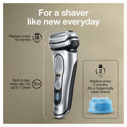 Braun Electric Razor for Men, Waterproof Foil Shaver, Series 9 Pro 9477cc, Wet & Dry Shave, with Portable Charging Case, ProLift Beard Trimmer, 5-in-1 Cleaning & Charging SmartCare Center, Silver