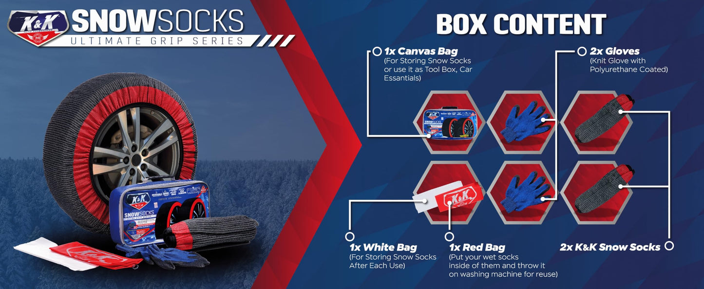 K&K Auto Snow Socks for Tires – Pro Series for Ultimate Grip Approved Snow Chain Alternative Traction Device – Tire Sock for Car SUV Van Minivan – Winter Travel Accessory Emergency Kit – XL (2pcs)