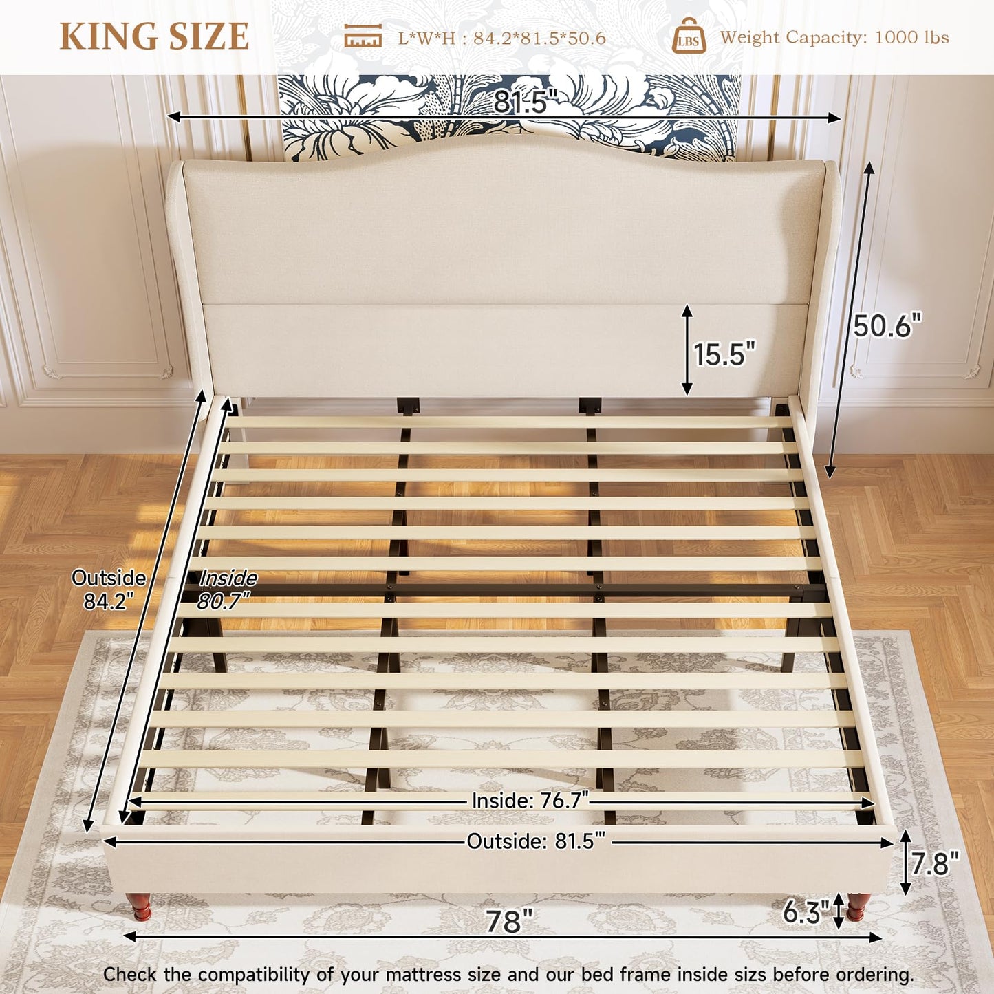 koorlian King Size Bed Frame Upholstered Platform Bed with 51" Tall Headboard Wingback, Soft Fabric, Retro Simple Style Platform Bed No Box Spring Needed, Easy Assembly, Beige