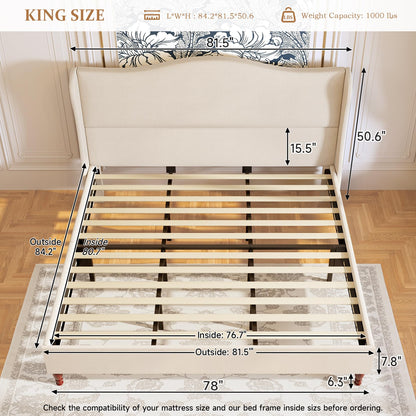 koorlian King Size Bed Frame Upholstered Platform Bed with 51" Tall Headboard Wingback, Soft Fabric, Retro Simple Style Platform Bed No Box Spring Needed, Easy Assembly, Beige