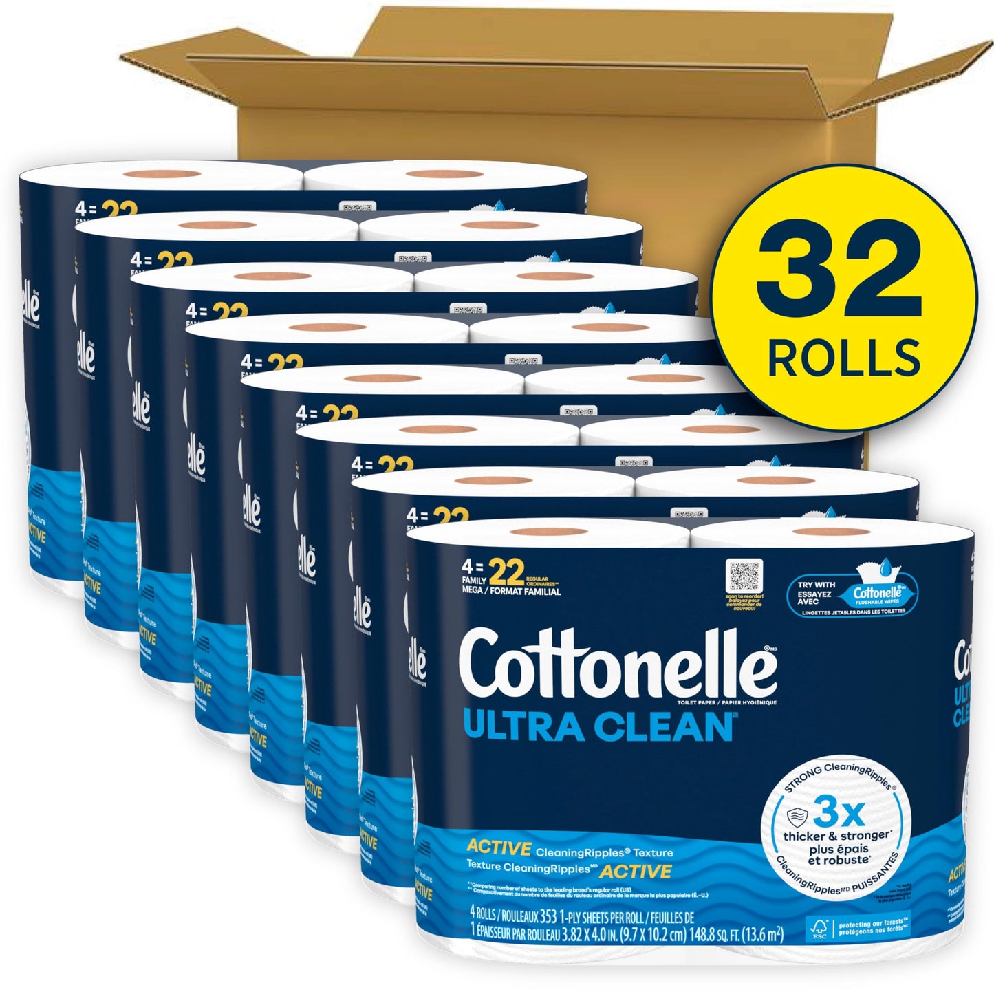 Cottonelle Ultra Clean Toilet Paper with Active CleaningRipples Texture, Strong Bath Tissue, 32 Family Mega Rolls = 176 Regular Rolls (8 Packs of 4)
