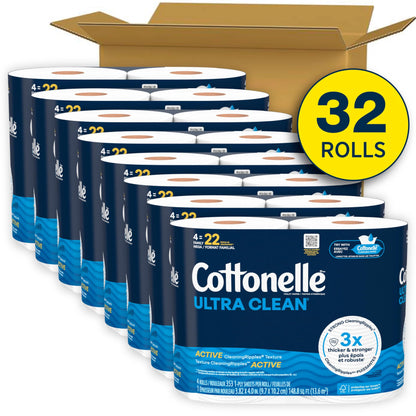 Cottonelle Ultra Clean Toilet Paper with Active CleaningRipples Texture, Strong Bath Tissue, 32 Family Mega Rolls = 176 Regular Rolls (8 Packs of 4)