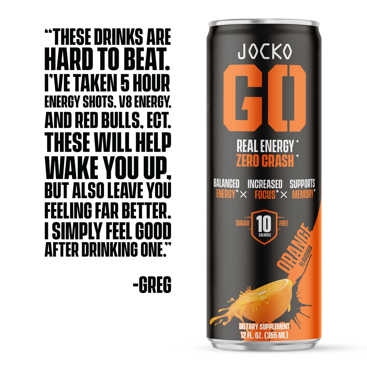 Jocko GO Energy Drink (Afterburner Orange) - KETO, Vitamin B12, Vitamin B6, Electrolytes, L Theanine, Magnesium- Energy Boost, Sugar Free Nootropic Monk Fruit Blend - 12 Pack