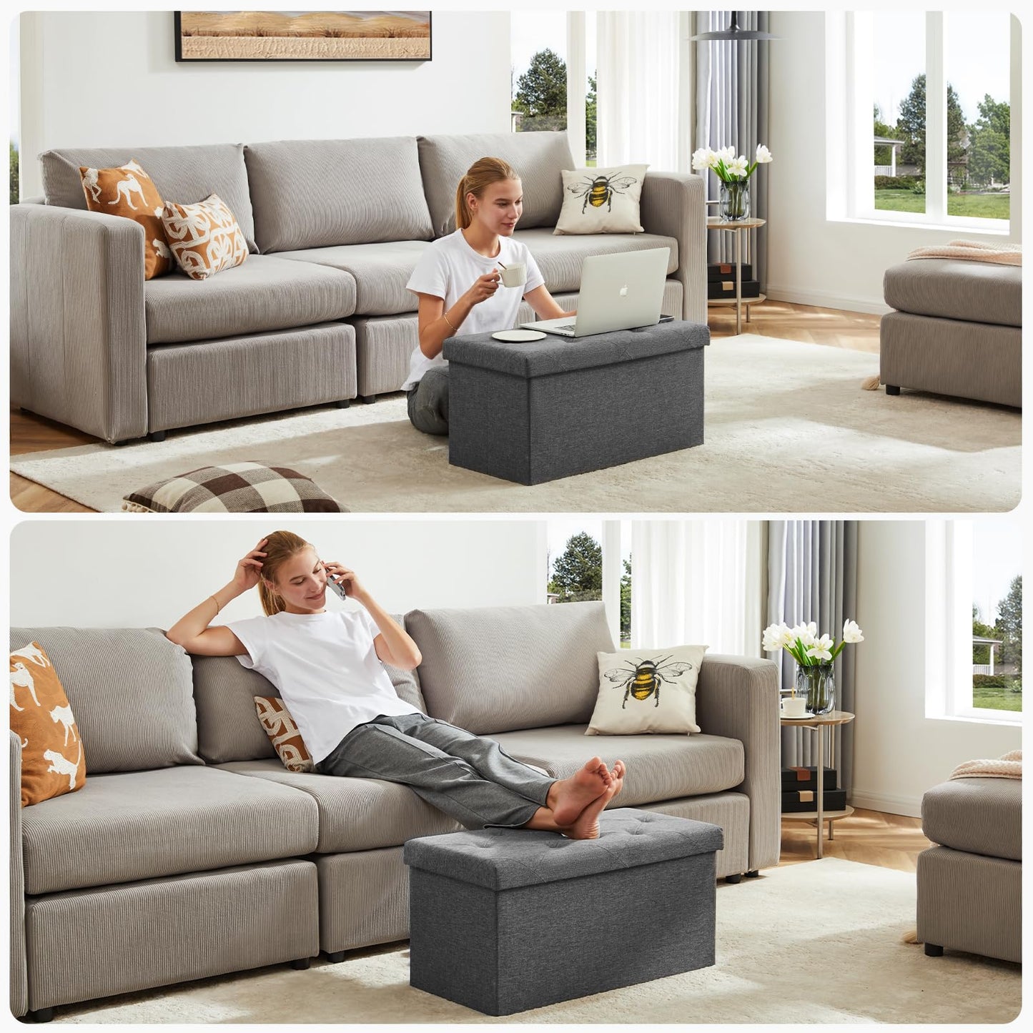 DUMOS 30in Foldable Storage Ottoman Bench, Storage Chest, End of Bed Foot Rest Stool with Padded Seat, Bedroom Bench for Living Room, Bedroom, Support 660lbs, Grey