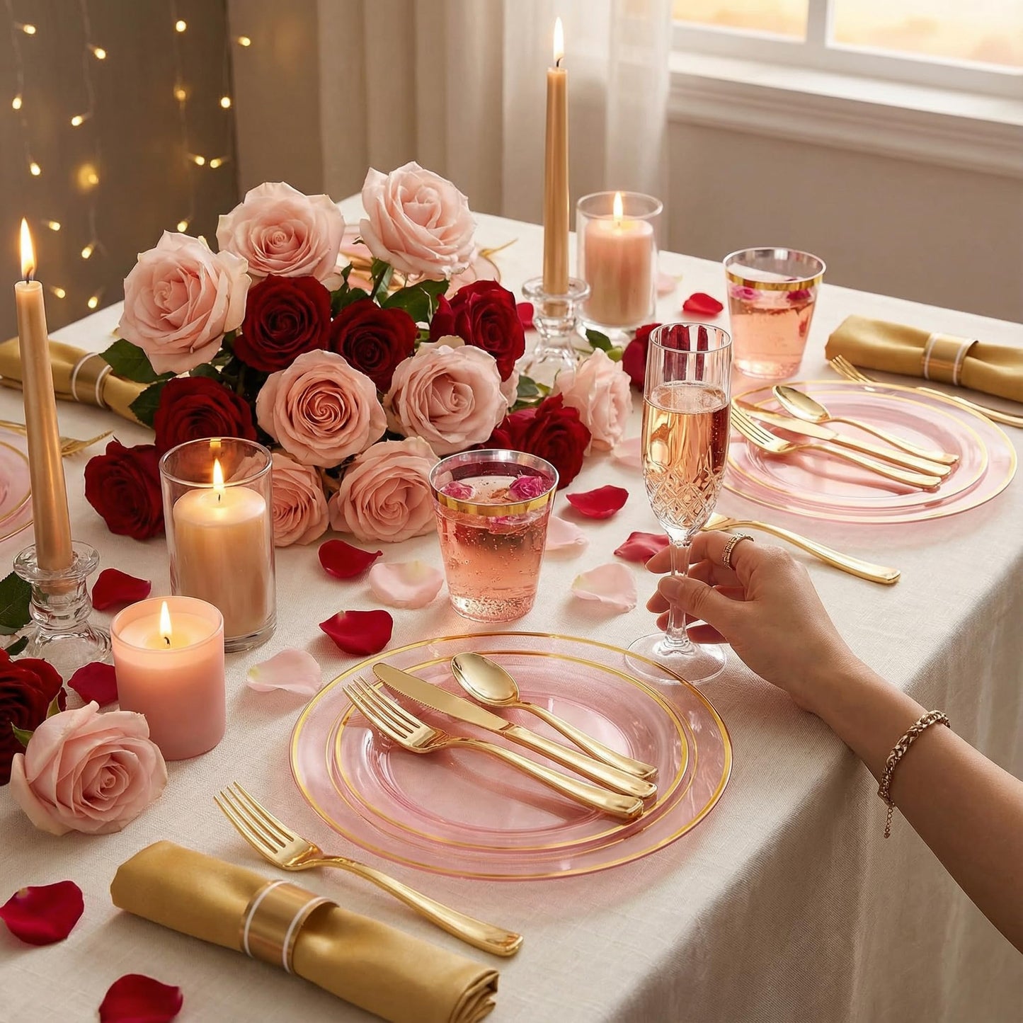 WELLIFE 210Pcs Clear-Pink Plastic Dinnerware- Pink and Gold Plastic Dinnerware include 30 Dinner Plates, 30 Dessert Plates, 90 Gold Silverware, 30 Cups and 30 Napkins Perfect for Parties