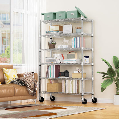 MZG Steel Storage Shelving 6-Tier Utility Shelving Unit with Wheels, Steel Organizer Wire Rack for Home,Kitchen,Office,Garage,17.7" D x 47.2" W x 76.7" H