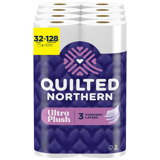 Quilted Northern Ultra Plush Toilet Paper, 32 Mega Rolls = 128 Regular Rolls, 3X Thicker, 3 Ply Soft Toilet Tissue