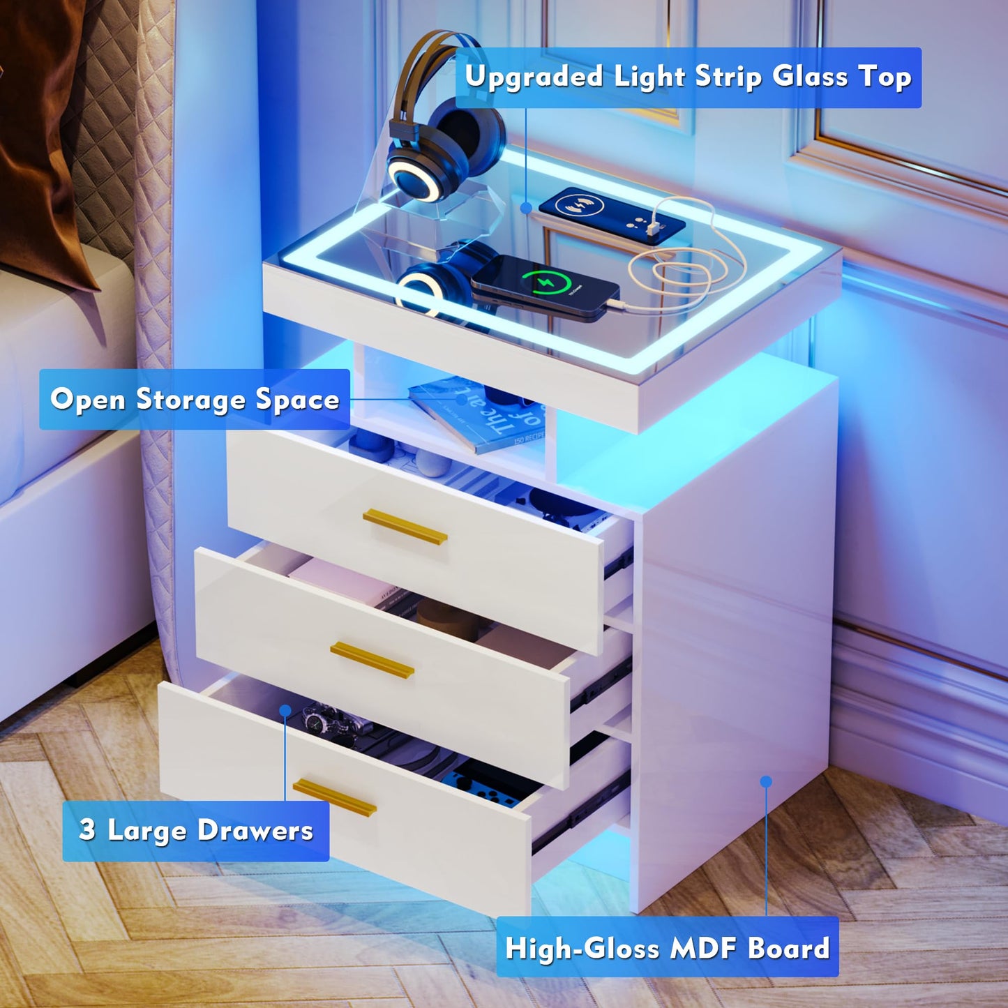 Lvifur LED Nightstand with Wireless Charging Station, Auto Sensor 3 Color Dimmable Night Stand, Modern Bedside Table with 3 Drawers & 3 Open Compartments for Bedroom, White