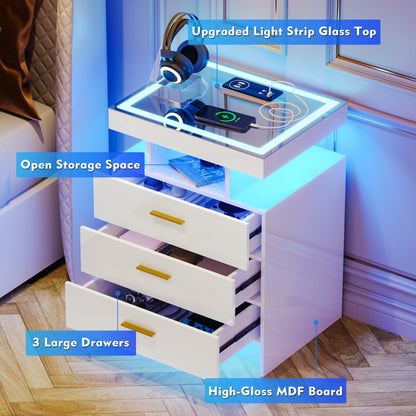 Lvifur LED Nightstand with Wireless Charging Station, Auto Sensor 3 Color Dimmable Night Stand, Modern Bedside Table with 3 Drawers & 3 Open Compartments for Bedroom, White