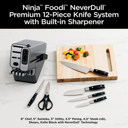 Ninja K32012 Foodi NeverDull Premium Knife System, 12 Piece Knife Block Set with Built-in Sharpener, German Stainless Steel Knives, Black