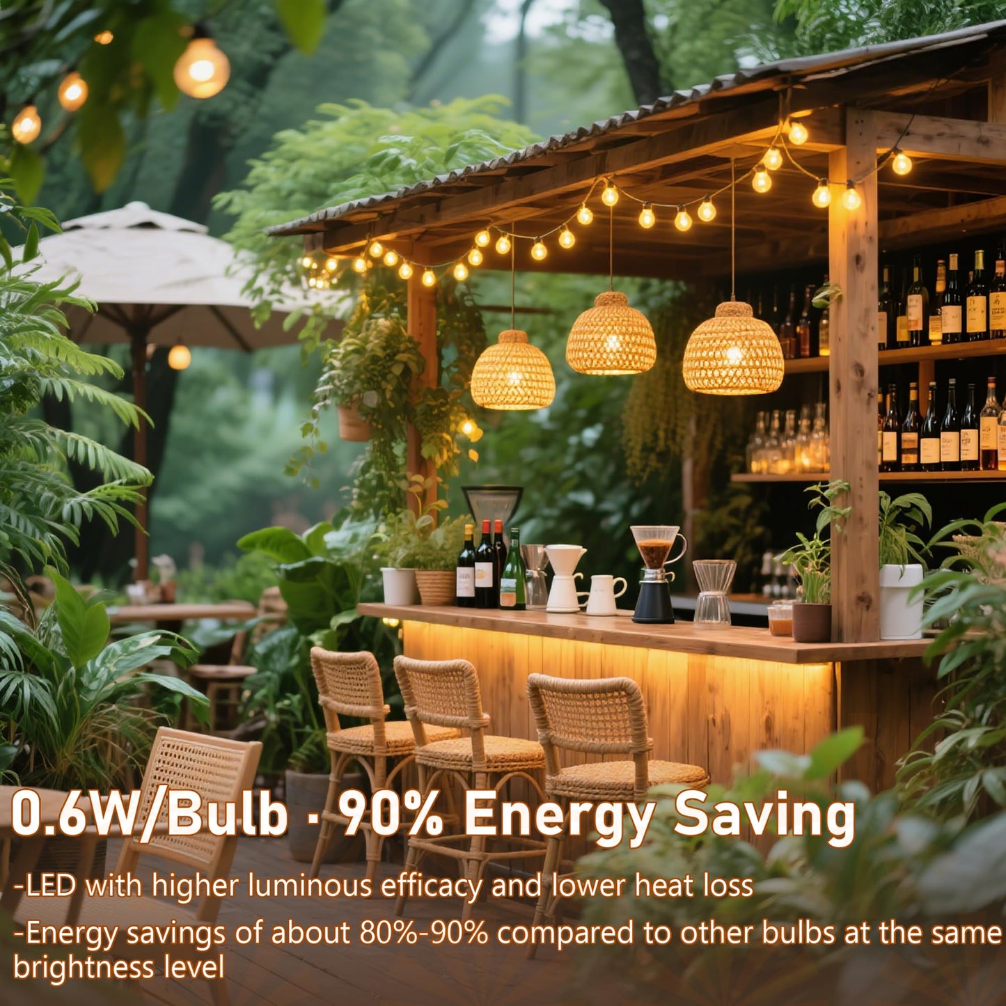 Xingzd 50FT Outdoor String Lights, 25 G40 Edison Golbe Bulbs + 2 Spare, Shatterproof 2700K Warm White Outdoor LED Lights for Patio Garden Backyard Party Decor, E12 Socket Base, Waterproof, Black Wire