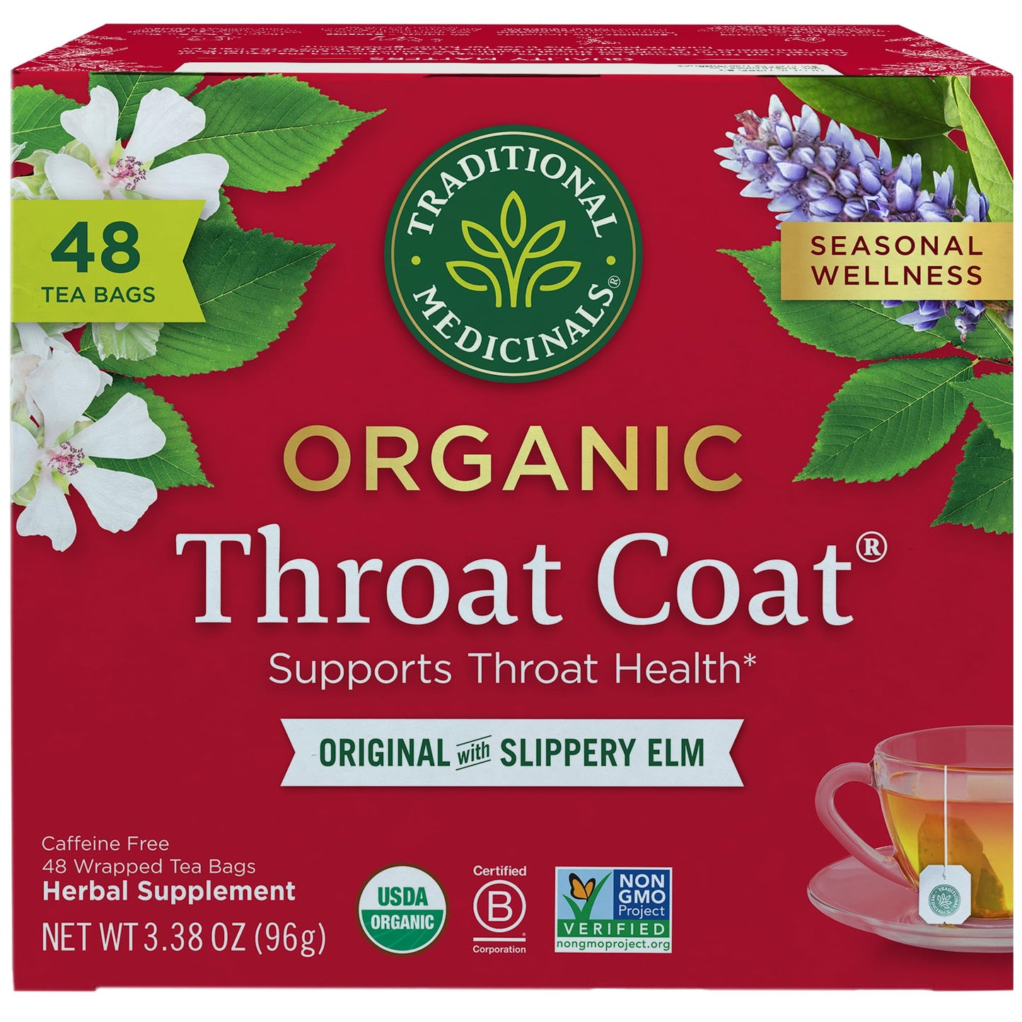 Traditional Medicinals Tea, Organic Throat Coat, Supports Throat Health, 48 Tea Bags